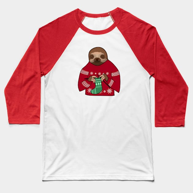 Harvey the Festive Knitting Sloth Baseball T-Shirt by CheshirePope